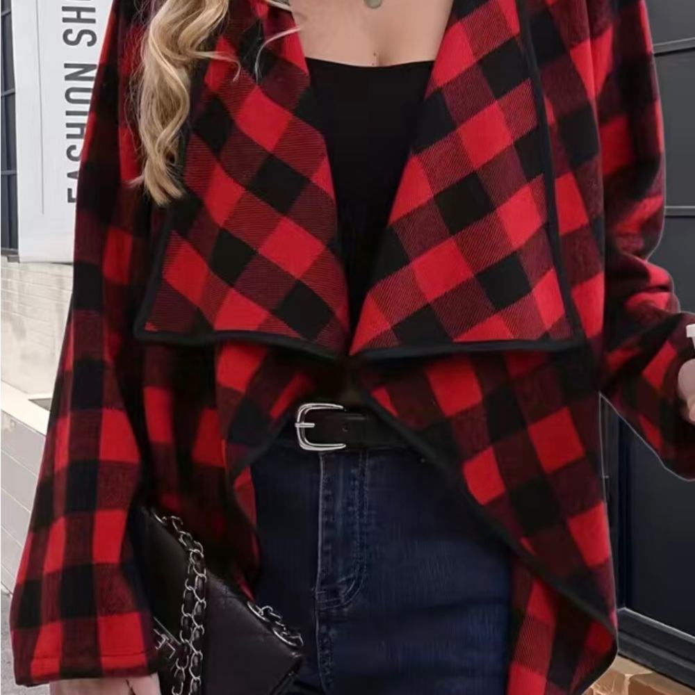 Women's Plaid Print Open Front Jacket Stylish Long Sleeve Lapel Jacket